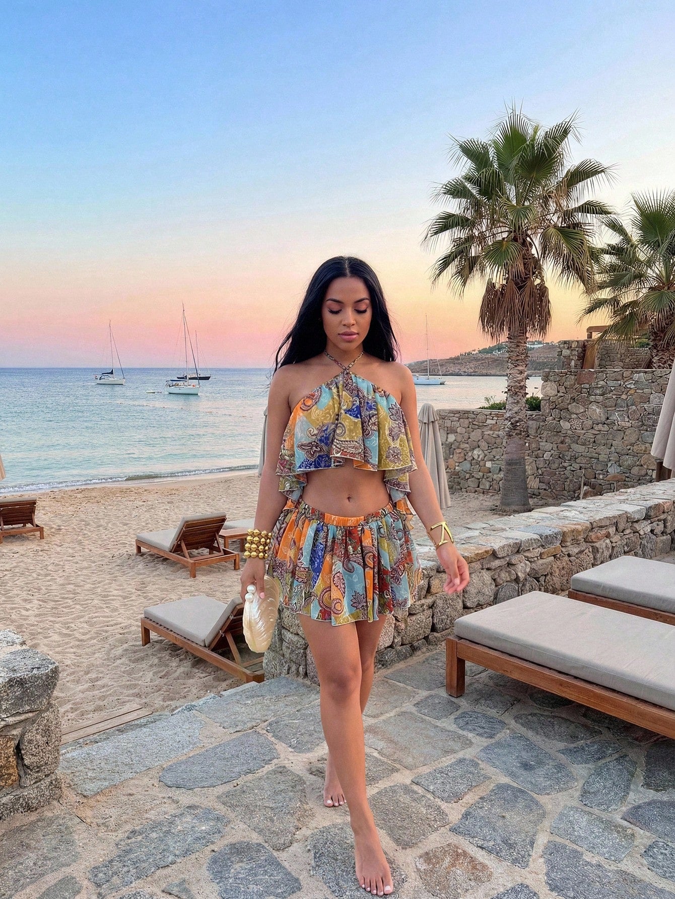 Slaydiva Slayr 2026 Blue Chiffon Special Print Ruffled Strap Jumpsuit Swimsuit Cover Up,Elegant Boho Summer Beach Holiday Holiday Casual Vacation Wear