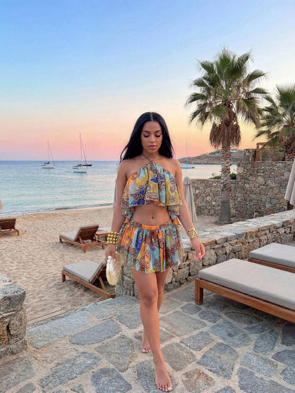 Slaydiva Slayr 2026 Blue Chiffon Special Print Ruffled Strap Jumpsuit Swimsuit Cover Up,Elegant Boho Summer Beach Holiday Holiday Casual Vacation Wear