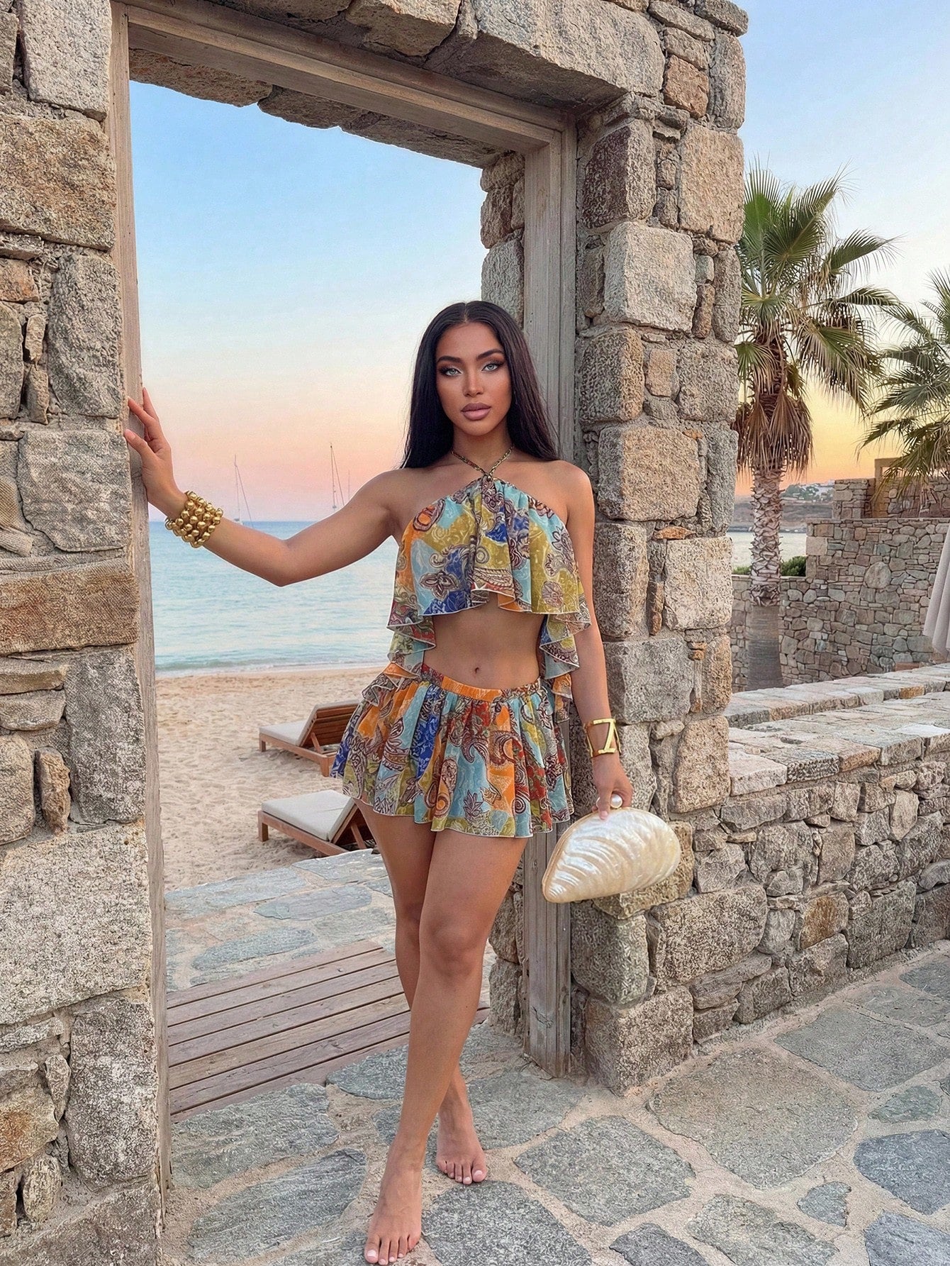 Slaydiva Slayr 2026 Blue Chiffon Special Print Ruffled Strap Jumpsuit Swimsuit Cover Up,Elegant Boho Summer Beach Holiday Holiday Casual Vacation Wear