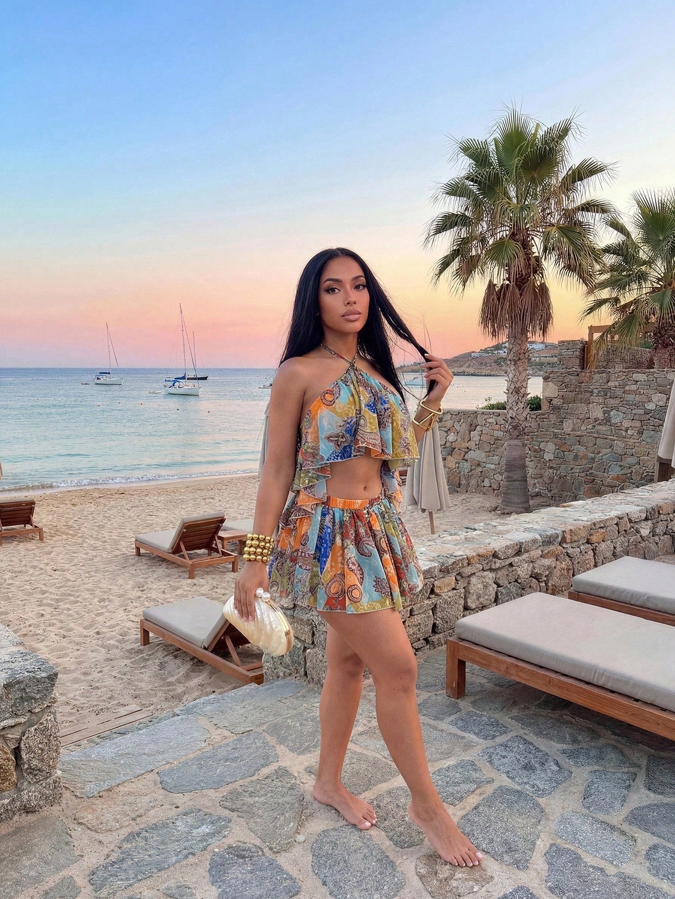 Slaydiva Slayr 2026 Blue Chiffon Special Print Ruffled Strap Jumpsuit Swimsuit Cover Up,Elegant Boho Summer Beach Holiday Holiday Casual Vacation Wear