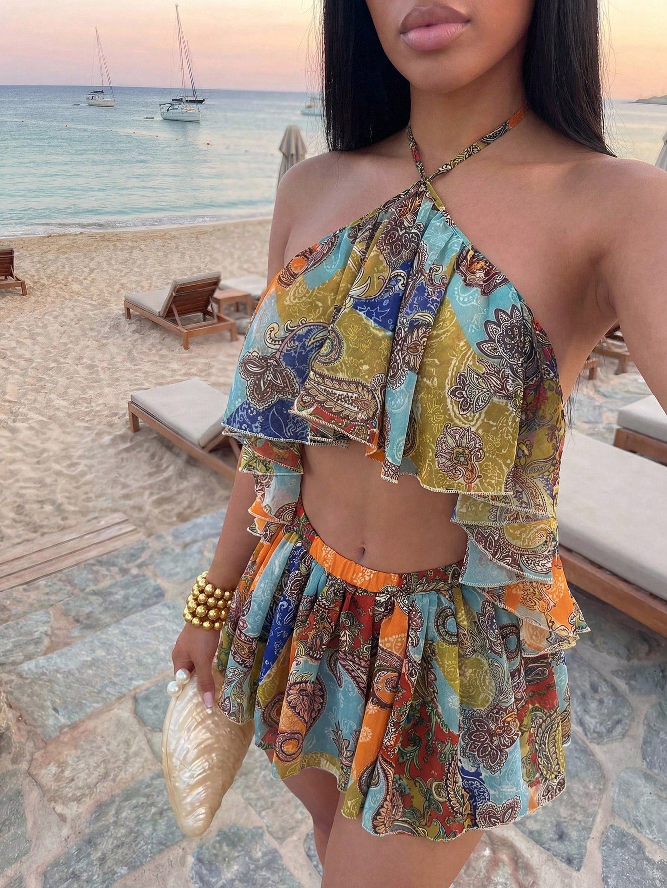 Slaydiva Slayr 2026 Blue Chiffon Special Print Ruffled Strap Jumpsuit Swimsuit Cover Up,Elegant Boho Summer Beach Holiday Holiday Casual Vacation Wear