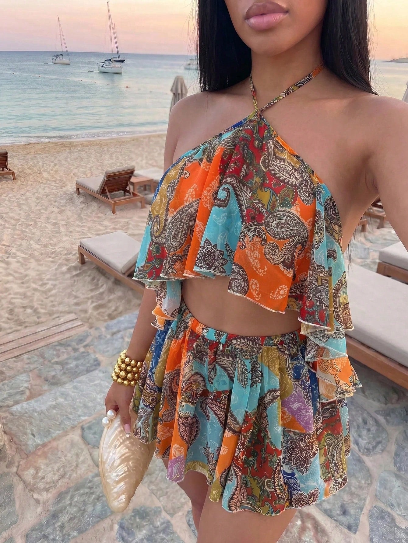 Slaydiva Slayr 2026 Blue Chiffon Special Print Ruffled Strap Jumpsuit Swimsuit Cover Up,Elegant Boho Summer Beach Holiday Holiday Casual Vacation Wear