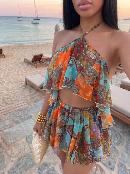 Slaydiva Slayr 2026 Blue Chiffon Special Print Ruffled Strap Jumpsuit Swimsuit Cover Up,Elegant Boho Summer Beach Holiday Holiday Casual Vacation Wear