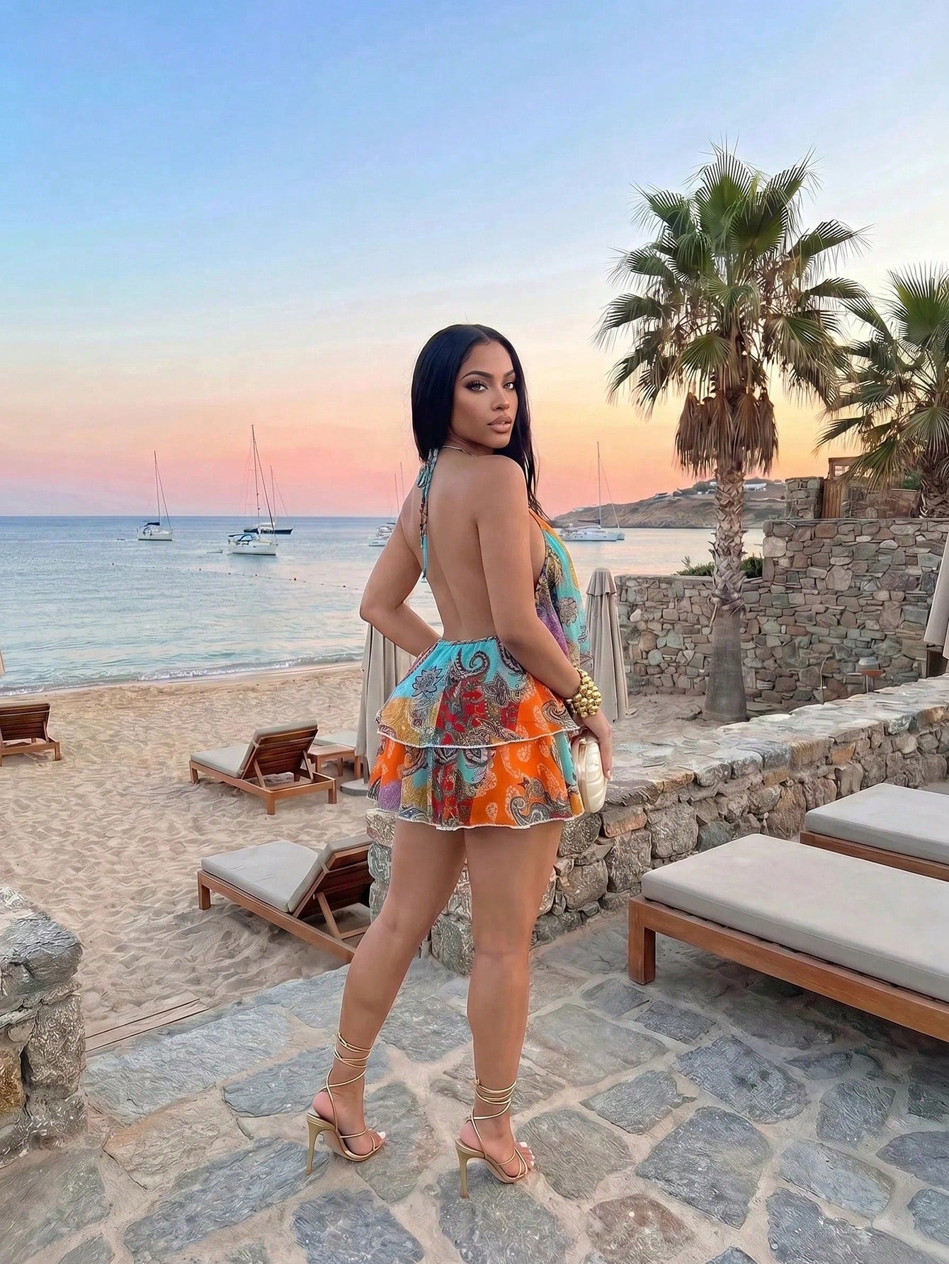 Slaydiva Slayr 2026 Blue Chiffon Special Print Ruffled Strap Jumpsuit Swimsuit Cover Up,Elegant Boho Summer Beach Holiday Holiday Casual Vacation Wear