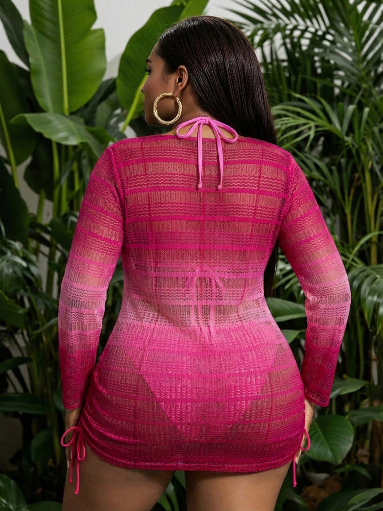Slaydiva Summer Beach Plus Size Gradient Sheer Cover Up With Drawstring Side Detail