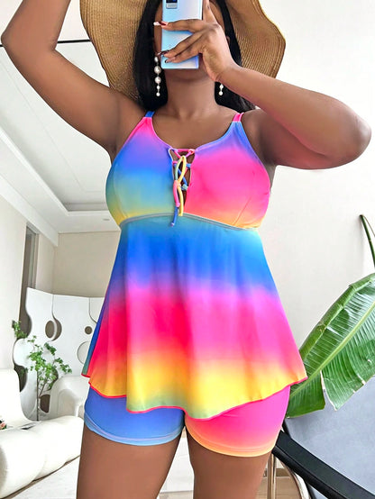 Slaydiva Summer Beach Plus Size Ombre Lace Up Front Swim Dress
