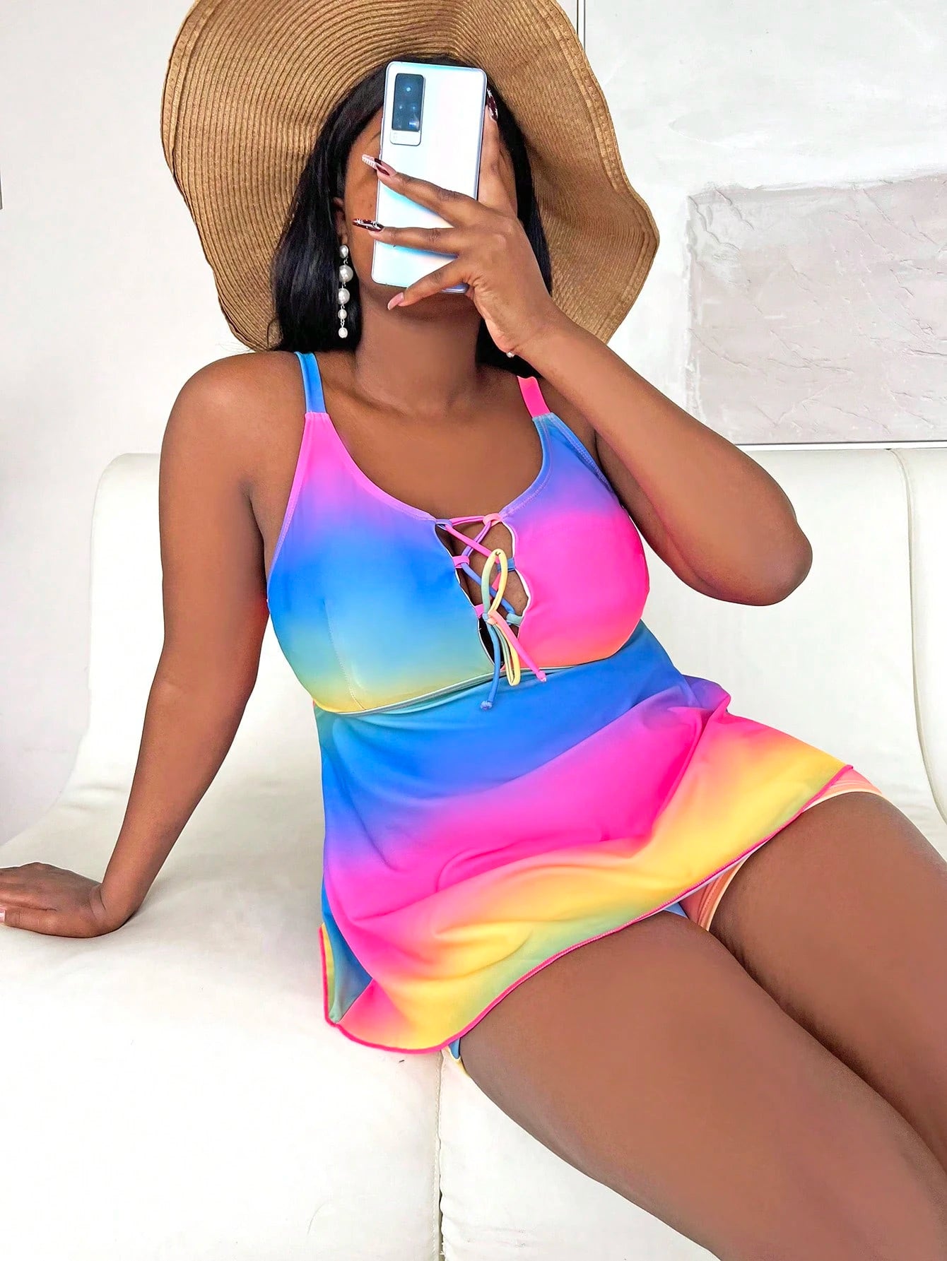 Slaydiva Summer Beach Plus Size Ombre Lace Up Front Swim Dress