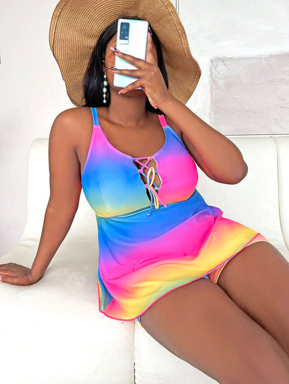 Slaydiva Summer Beach Plus Size Ombre Lace Up Front Swim Dress