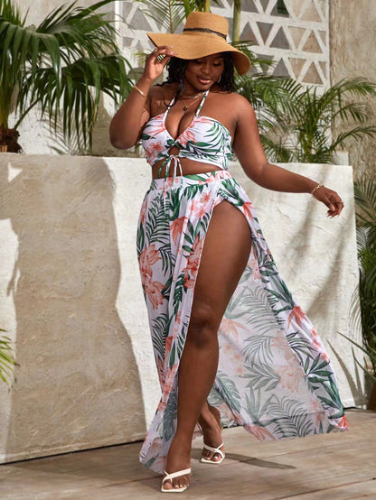 Slaydiva Summer Beach Plus Size Tropical Print Halter Bikini Set With Beach Skirt