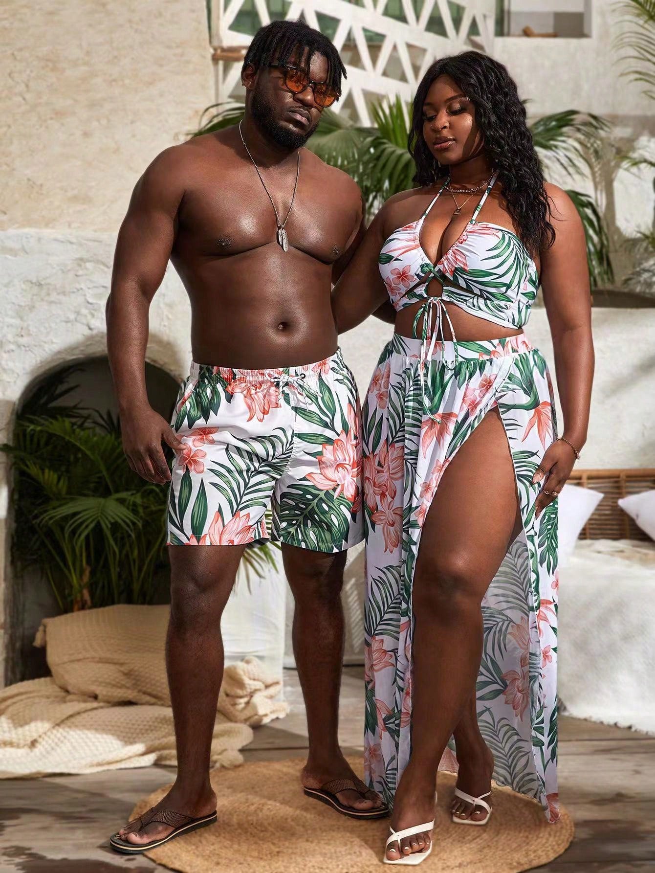 Slaydiva Summer Beach Plus Size Tropical Print Halter Bikini Set With Beach Skirt