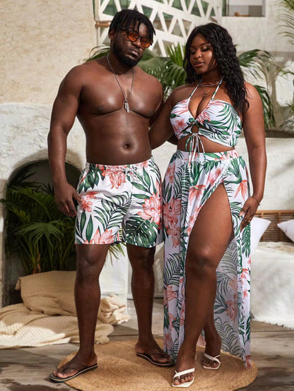 Slaydiva Summer Beach Plus Size Tropical Print Halter Bikini Set With Beach Skirt