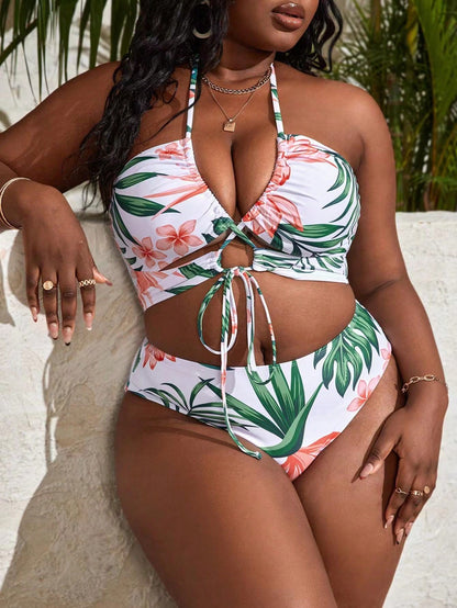 Slaydiva Summer Beach Plus Size Tropical Print Halter Bikini Set With Beach Skirt