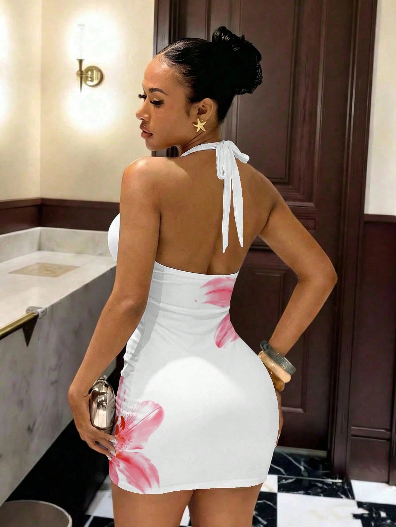 Slaydiva White And Pink Flora Graphic Print Women Mini Dress Summer Slim Fit Halter Neck Tie Elegant Sexy Boho Girly For Party Night Night Out Vacation