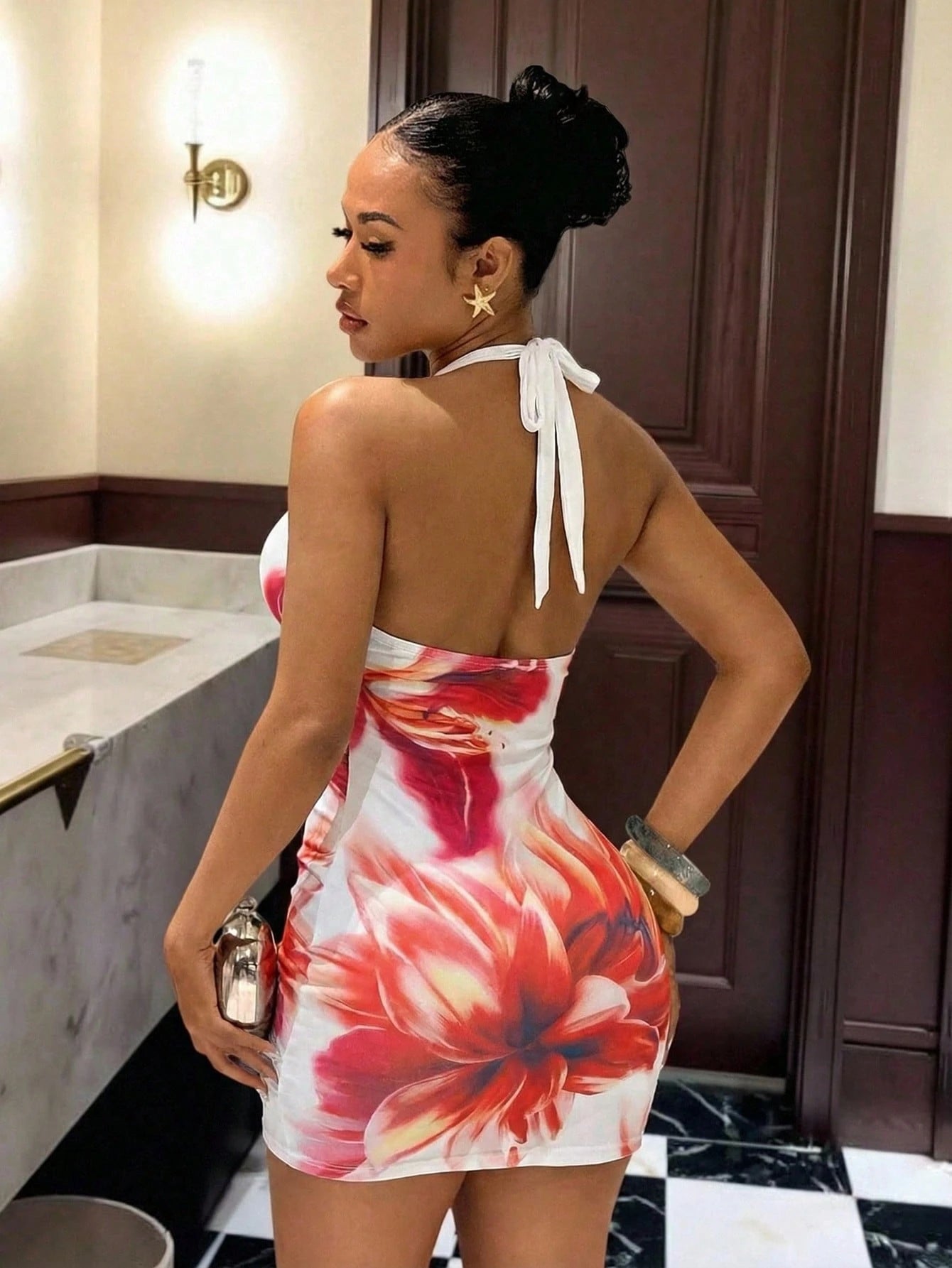 Slaydiva White And Pink Flora Graphic Print Women Mini Dress Summer Slim Fit Halter Neck Tie Elegant Sexy Boho Girly For Party Night Night Out Vacation