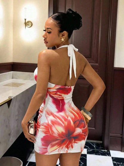 Slaydiva White And Pink Flora Graphic Print Women Mini Dress Summer Slim Fit Halter Neck Tie Elegant Sexy Boho Girly For Party Night Night Out Vacation