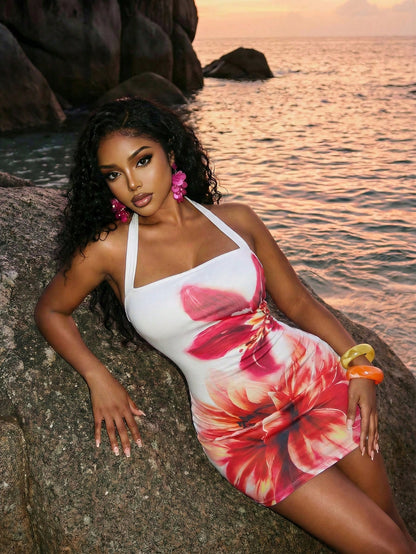 Slaydiva White And Pink Flora Graphic Print Women Mini Dress Summer Slim Fit Halter Neck Tie Elegant Sexy Boho Girly For Party Night Night Out Vacation