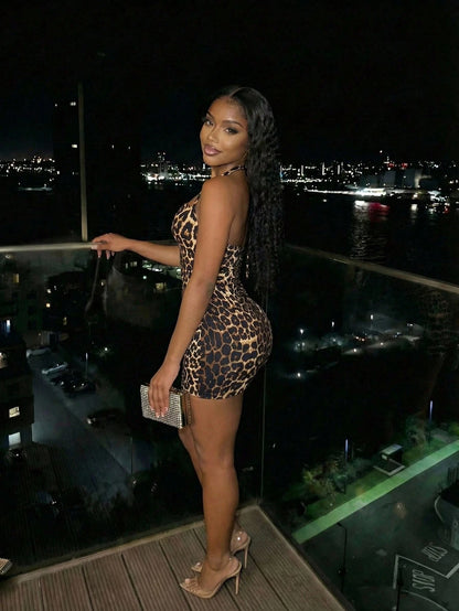 Slaydiva Women's Brown Leopard Print Halter Neck Slim-Fit Bodycon Mini Dress For Summer Techno Club Night Out Night Rave Elegant Sexy Y2k Party Vacation Style