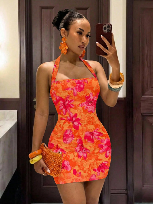 Slaydiva Women's Burnt Orange Floral Print Halter Neck Tie Mini Dress Slim Fit Sleeveless Boho Tropical Sexy Y2k Casual Summer Vacation Wedding Night Out Beach