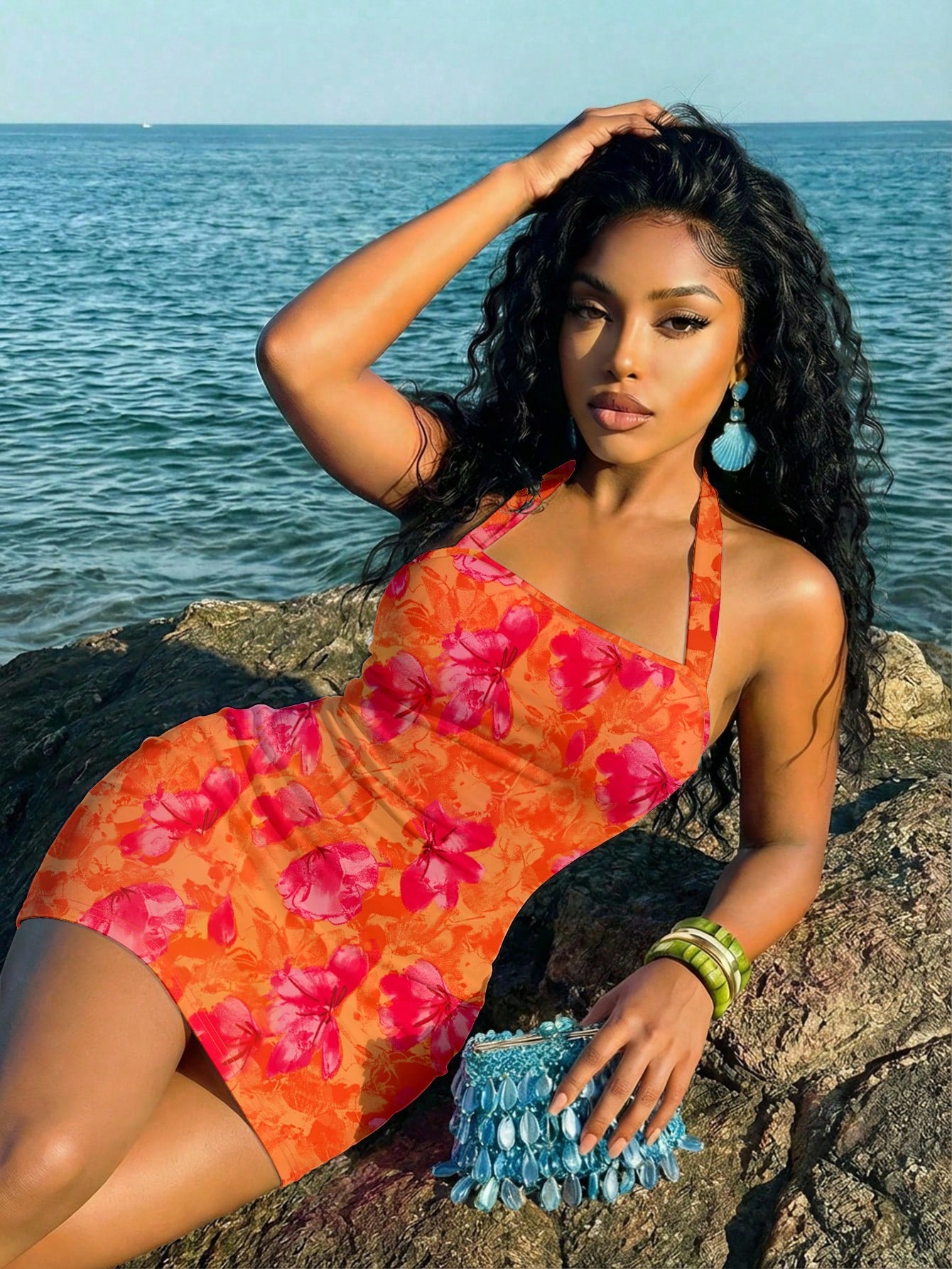 Slaydiva Women's Burnt Orange Floral Print Halter Neck Tie Mini Dress Slim Fit Sleeveless Boho Tropical Sexy Y2k Casual Summer Vacation Wedding Night Out Beach