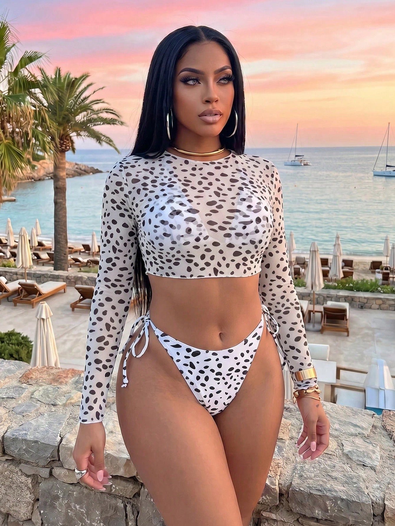 Slaydiva Women's Leopard Print Chiffon Bikini Cover Up 3 Pieces Set,White Summer Casual Holiday Pool Party Vacation Long Sleeve Beach Wear Boho Outfits
