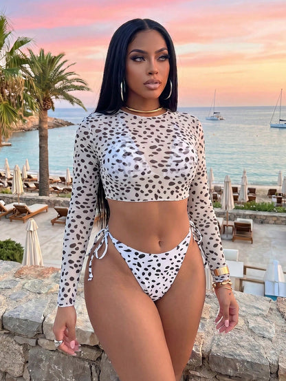 Slaydiva Women's Leopard Print Chiffon Bikini Cover Up 3 Pieces Set,White Summer Casual Holiday Pool Party Vacation Long Sleeve Beach Wear Boho Outfits