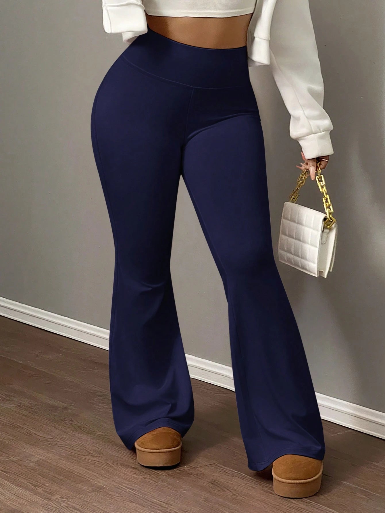 Slaydiva Women's Solid Color Flared Yoga Pants, High Waist Stretchy Tummy Control Workout Leggings
