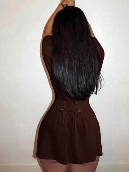 Slaydiva Women Summer Casual Night Out Mini Dress,All Shades Of Brown One-Shoulder Slim Waist Street Girl Style For Vacations,Dates,Wedding Guest & Boho