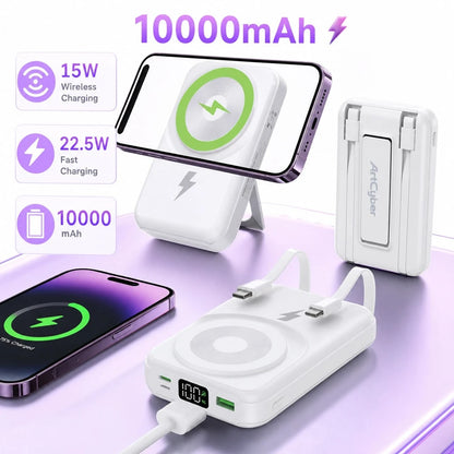 Slim White 10000mAh Magnetic Charger With 15W Wireless And 22.5W Wired Fast Charging, With Digital Battery Percentage Display, Fold-Out Kickstand And Green Circular Magnetic Pad, Suited To Compatible