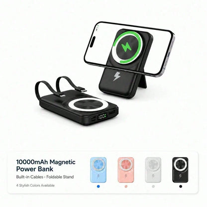 Slim White 10000mAh Magnetic Charger With 15W Wireless And 22.5W Wired Fast Charging, With Digital Battery Percentage Display, Fold-Out Kickstand And Green Circular Magnetic Pad, Suited To Compatible