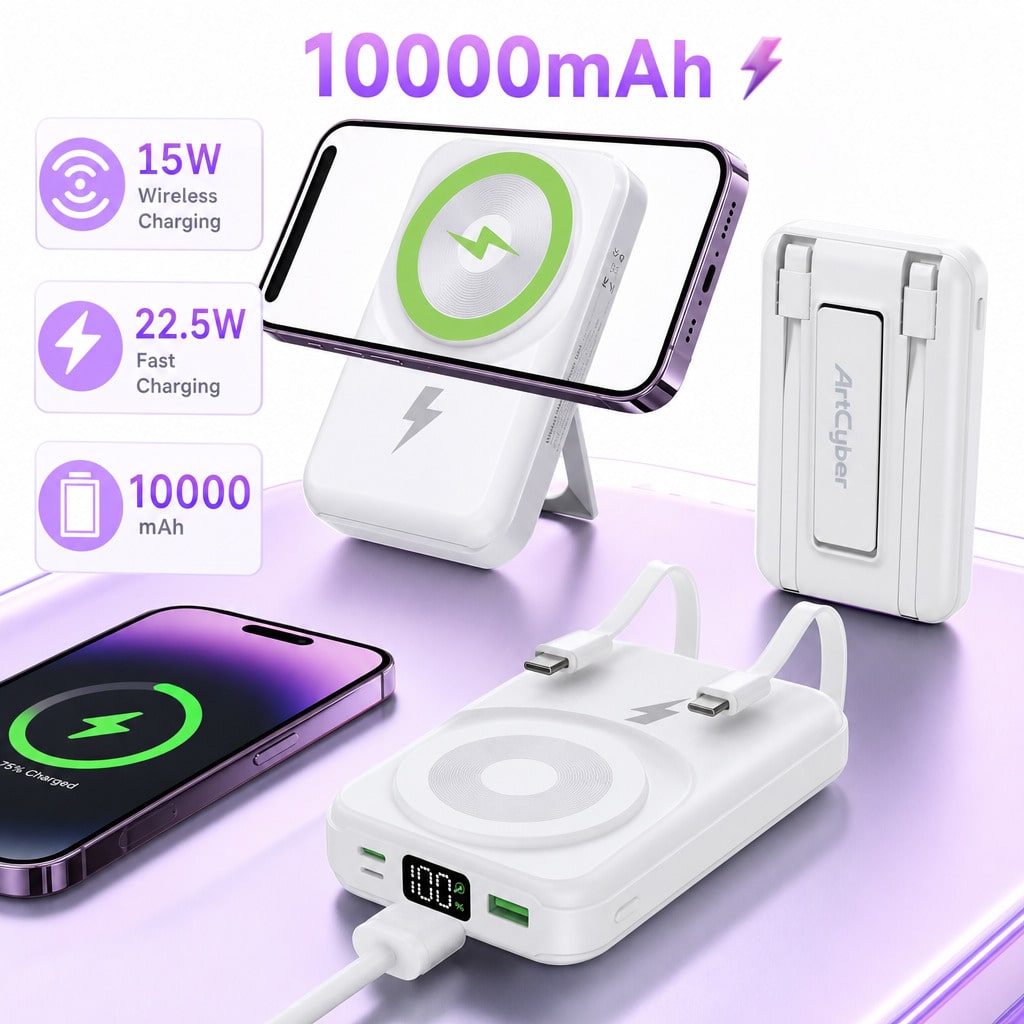 Slim White 10000mAh Magnetic Charger With 15W Wireless And 22.5W Wired Fast Charging, With Digital Battery Percentage Display, Fold-Out Kickstand And Green Circular Magnetic Pad, Suited To Compatible