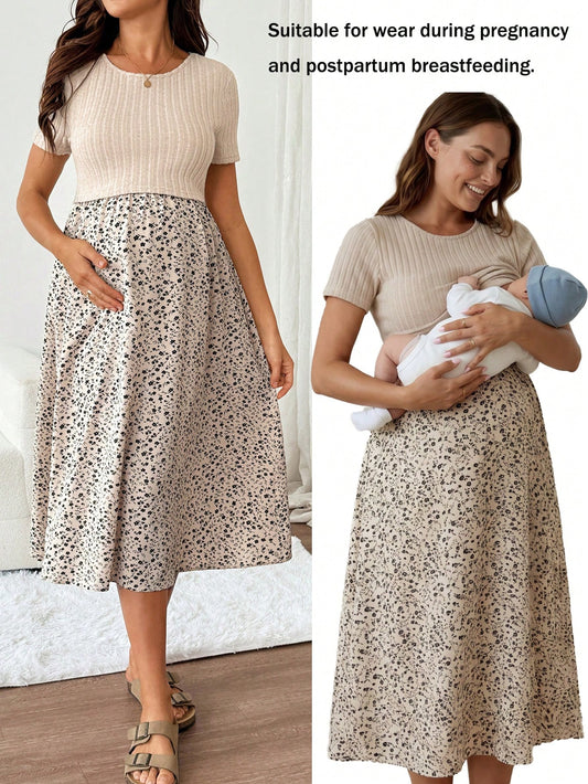 Slowluna Maternity Floral Print Colorblock Nursing Function Casual Daily Baby Shower Outing Dress Summer