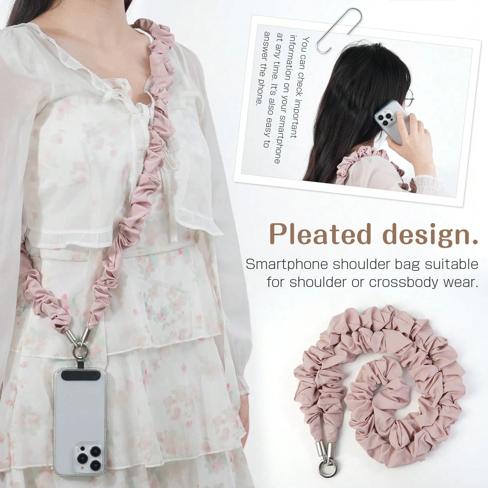 Smartphone Shoulder Strap With Tag Sticker- Universal Style (Crossbody/Shoulder). Features Fashionable Pleated Rope Design. Suitable For Women; Anti-Slip
