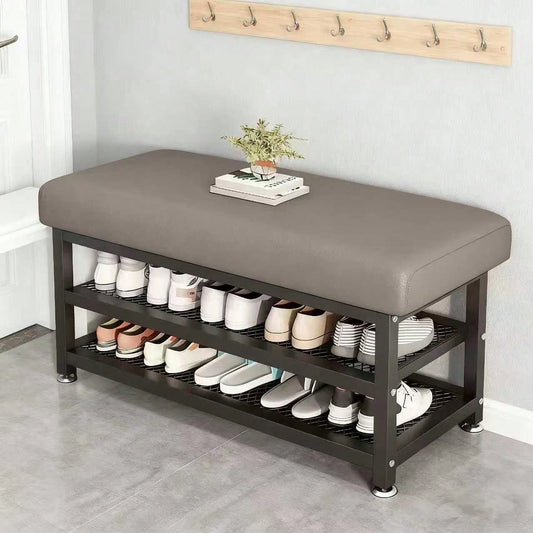 [Soft Cushion Shoe Stool] Modern Shoe Changing Stool With Soft Cushion- Multi Compartment Shoe Storage Organizer, Space Saving Metal Frame Shoe Rack For Bedroom Or Foyer, Easy To Install Entrance Pas