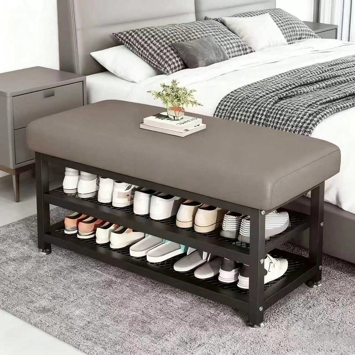 [Soft Cushion Shoe Stool] Modern Shoe Changing Stool With Soft Cushion- Multi Compartment Shoe Storage Organizer, Space Saving Metal Frame Shoe Rack For Bedroom Or Foyer, Easy To Install Entrance Pas