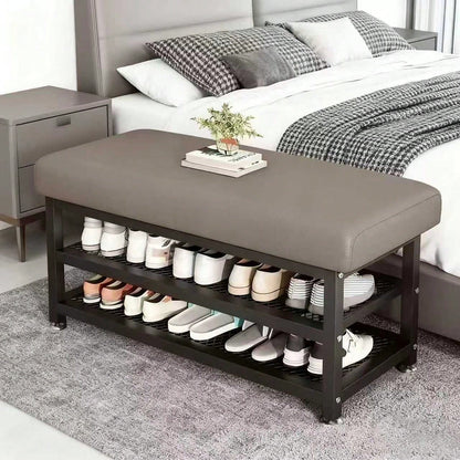 [Soft Cushion Shoe Stool] Modern Shoe Changing Stool With Soft Cushion- Multi Compartment Shoe Storage Organizer, Space Saving Metal Frame Shoe Rack For Bedroom Or Foyer, Easy To Install Entrance Pas