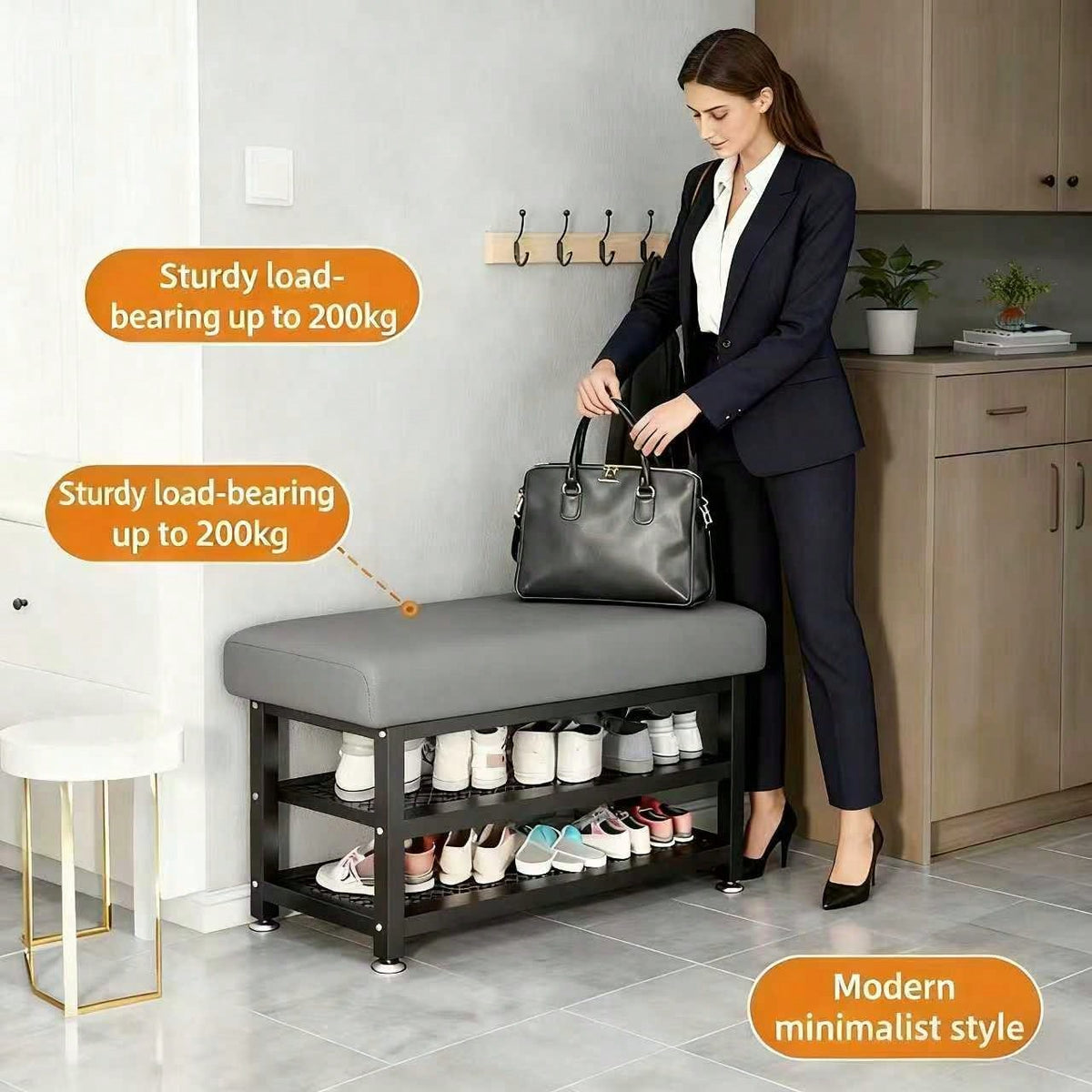[Soft Cushion Shoe Stool] Modern Shoe Changing Stool With Soft Cushion- Multi Compartment Shoe Storage Organizer, Space Saving Metal Frame Shoe Rack For Bedroom Or Foyer, Easy To Install Entrance Pas