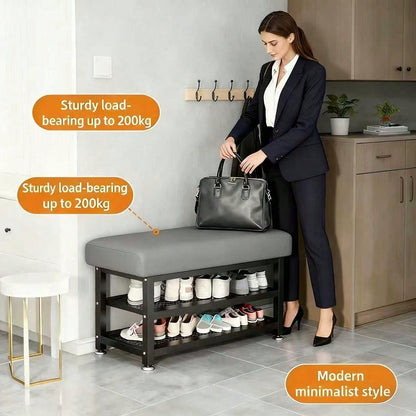 [Soft Cushion Shoe Stool] Modern Shoe Changing Stool With Soft Cushion- Multi Compartment Shoe Storage Organizer, Space Saving Metal Frame Shoe Rack For Bedroom Or Foyer, Easy To Install Entrance Pas