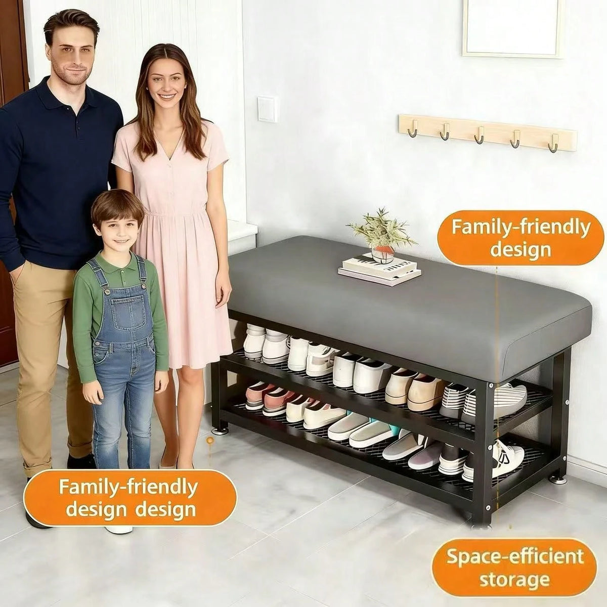 [Soft Cushion Shoe Stool] Modern Shoe Changing Stool With Soft Cushion- Multi Compartment Shoe Storage Organizer, Space Saving Metal Frame Shoe Rack For Bedroom Or Foyer, Easy To Install Entrance Pas
