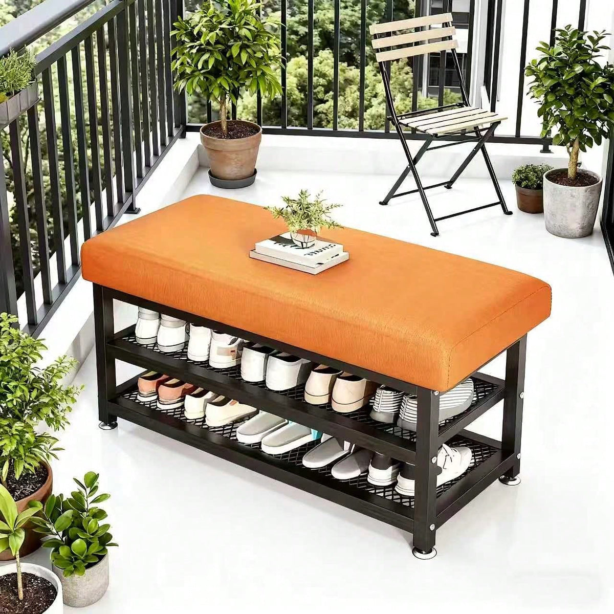 [Soft Cushion Shoe Stool] Modern Shoe Changing Stool With Soft Cushion- Multi Compartment Shoe Storage Organizer, Space Saving Metal Frame Shoe Rack For Bedroom Or Foyer, Easy To Install Entrance Pas