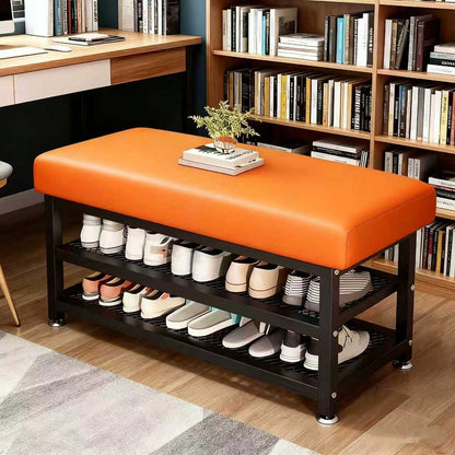 [Soft Cushion Shoe Stool] Modern Shoe Changing Stool With Soft Cushion- Multi Compartment Shoe Storage Organizer, Space Saving Metal Frame Shoe Rack For Bedroom Or Foyer, Easy To Install Entrance Pas