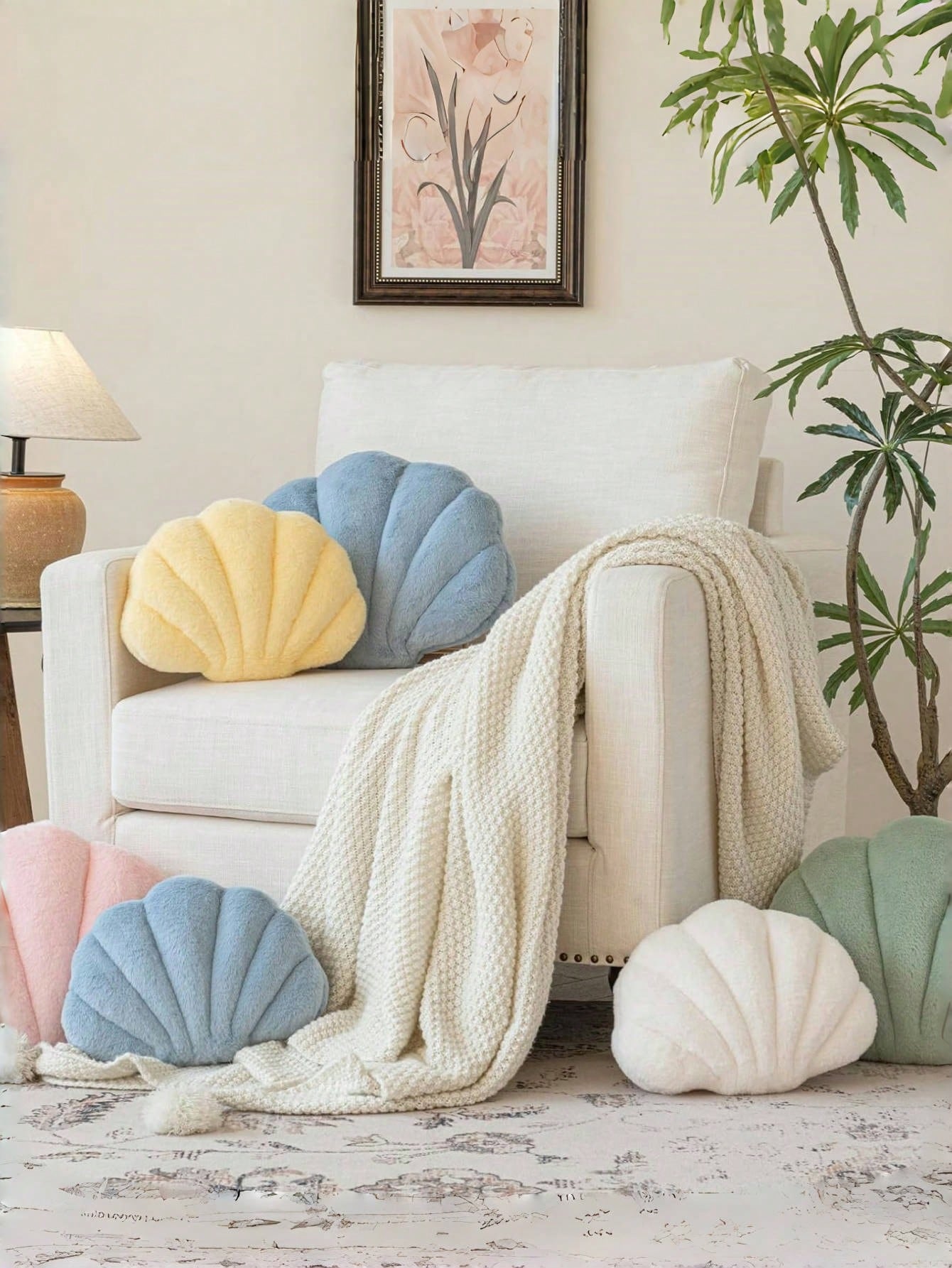 Soft Faux Fur Seashell Decorative Throw Pillow, Suitable For Sofa And Bed, Seashell Shaped Decor Pillow, Ocean Style Cushion, Fashion Beach Home Decor