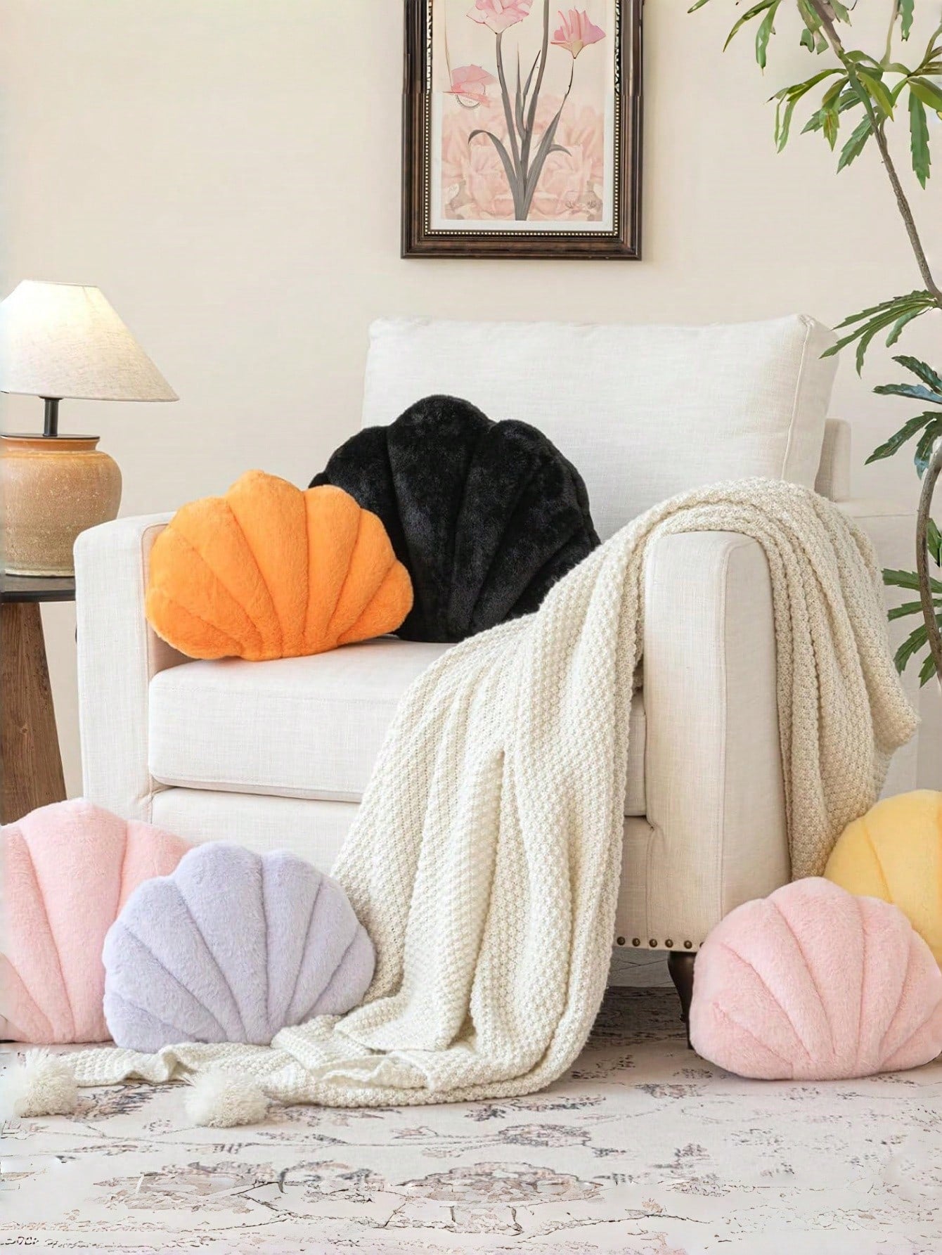 Soft Faux Fur Shell Decorative Throw Pillow, Suitable For Sofa And Bed, Shell Shaped Decor Pillow, Ocean Style Cushion, Fashion Beach Accent Pillow, Home Decor
