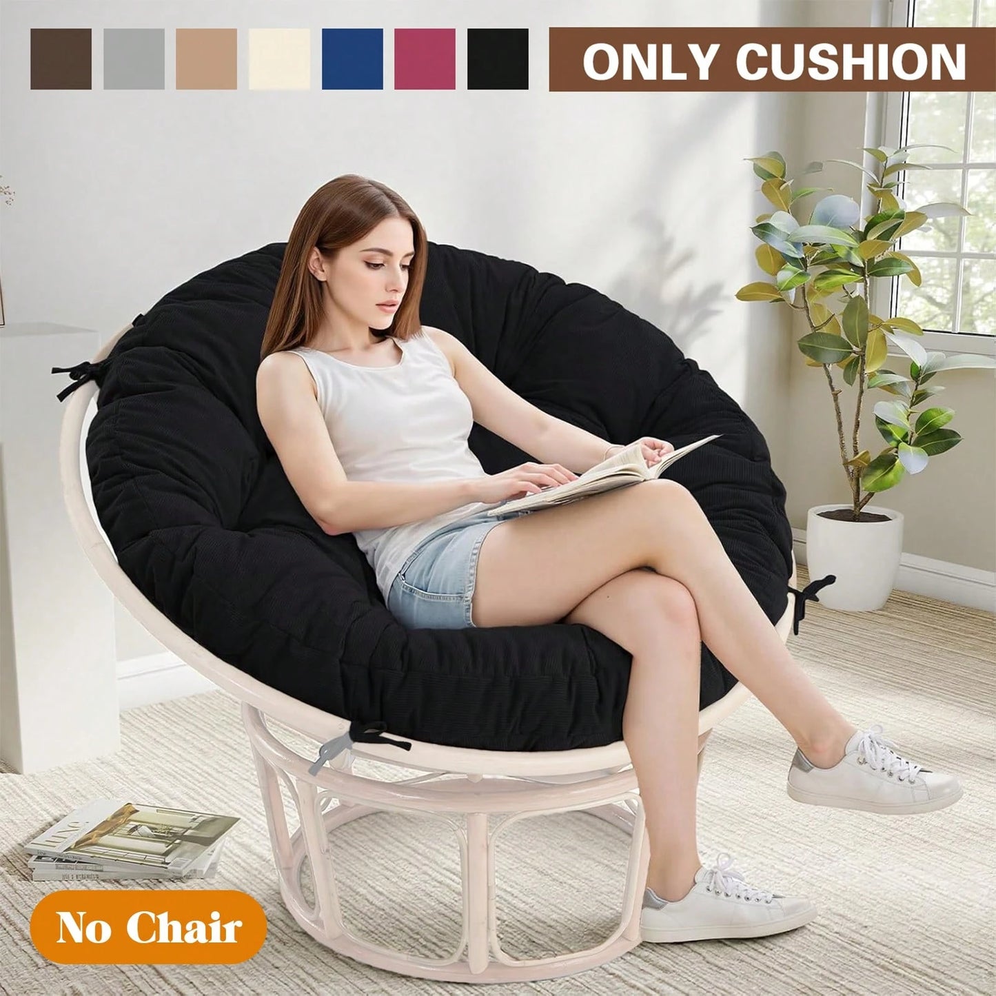 Soft Thick Papasan Cushion Only, 48" Large Circle Swing Egg Chair Pad Cushion With Polyester Cover (Without Chair), Waterproof UV Resistant Hammock Replacement For Indoor & Outdoor Garden Patio