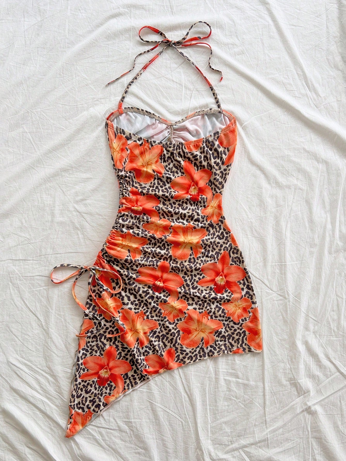 Soleia Easter Outfit Women Concert Beach Vacation Milkmaid Tropical Sexy Dress Rave Outfits Graduation Summer Leopard Floral Print Halter Neck Mini Beige