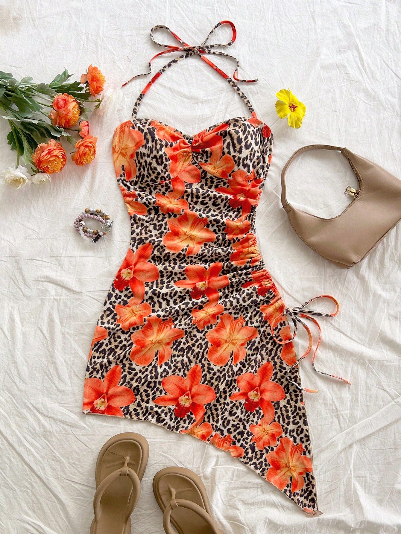 Soleia Easter Outfit Women Concert Beach Vacation Milkmaid Tropical Sexy Dress Rave Outfits Graduation Summer Leopard Floral Print Halter Neck Mini Beige