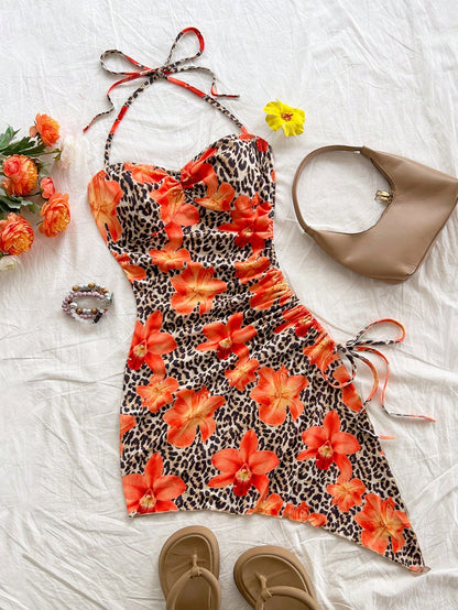 Soleia Easter Outfit Women Concert Beach Vacation Milkmaid Tropical Sexy Dress Rave Outfits Graduation Summer Leopard Floral Print Halter Neck Mini Beige