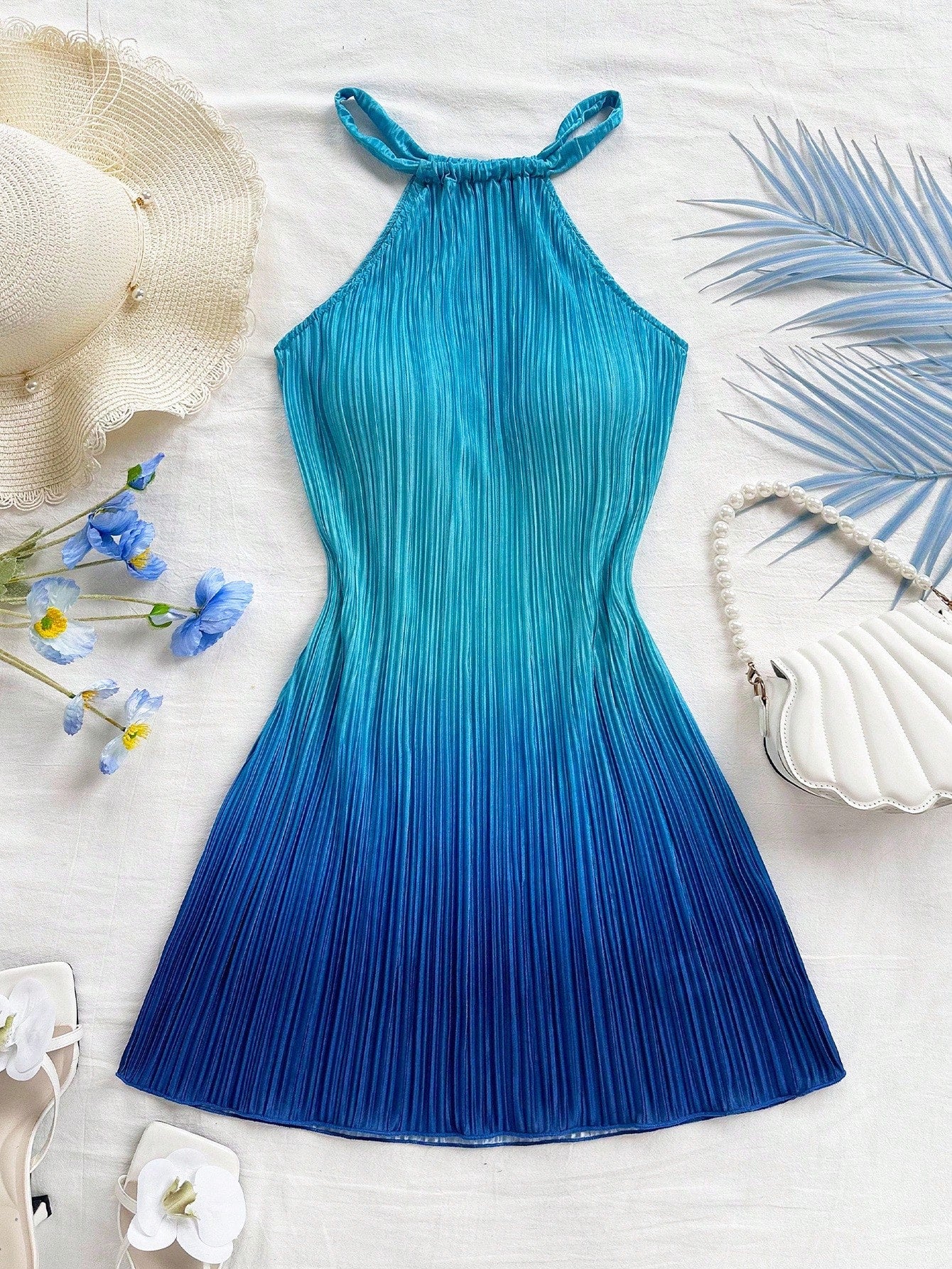 Soleia Elegant Royal Blue Ombre Print Pleated Mini Dress,Casual Halter Neck Fitted Vacation Holiday Beach Dress,Music Festival Party Wear,No Chest Padding