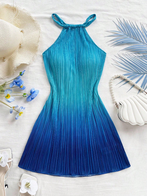 Soleia Elegant Royal Blue Ombre Print Pleated Mini Dress,Casual Halter Neck Fitted Vacation Holiday Beach Dress,Music Festival Party Wear,No Chest Padding
