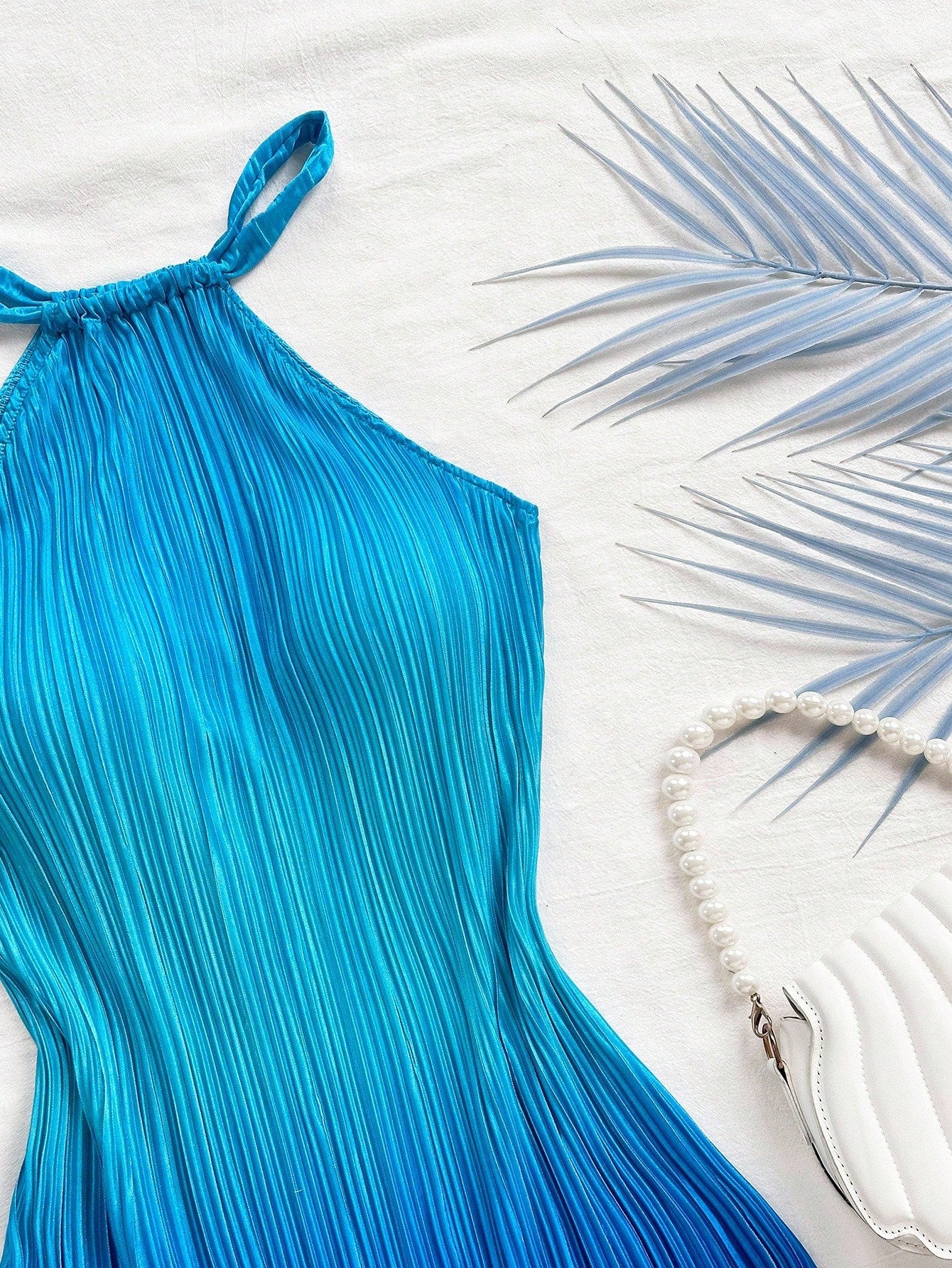 Soleia Elegant Royal Blue Ombre Print Pleated Mini Dress,Casual Halter Neck Fitted Vacation Holiday Beach Dress,Music Festival Party Wear,No Chest Padding