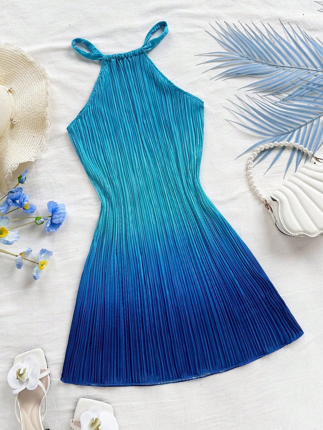 Soleia Elegant Royal Blue Ombre Print Pleated Mini Dress,Casual Halter Neck Fitted Vacation Holiday Beach Dress,Music Festival Party Wear,No Chest Padding